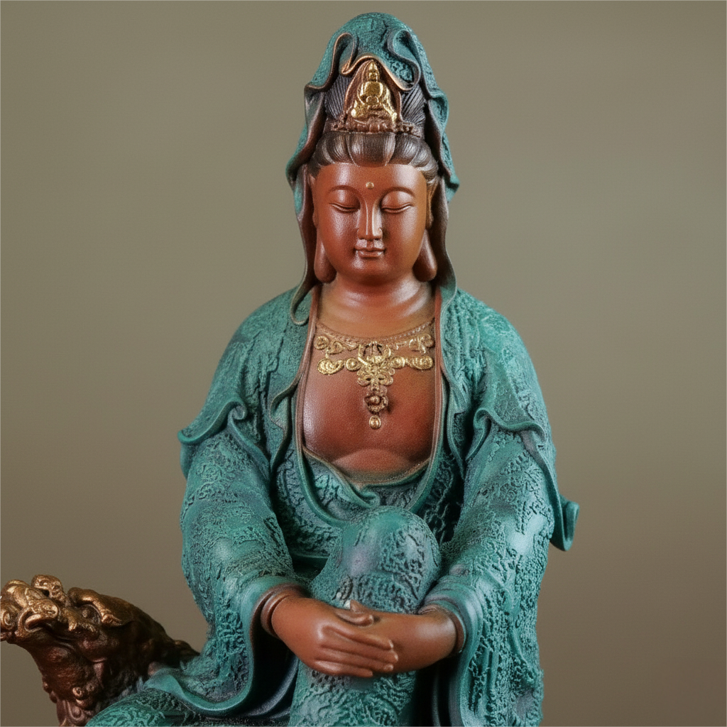 Longevity Guanyin on Loong Turtle – Handcrafted Copper Sculpture for Peace & Stability