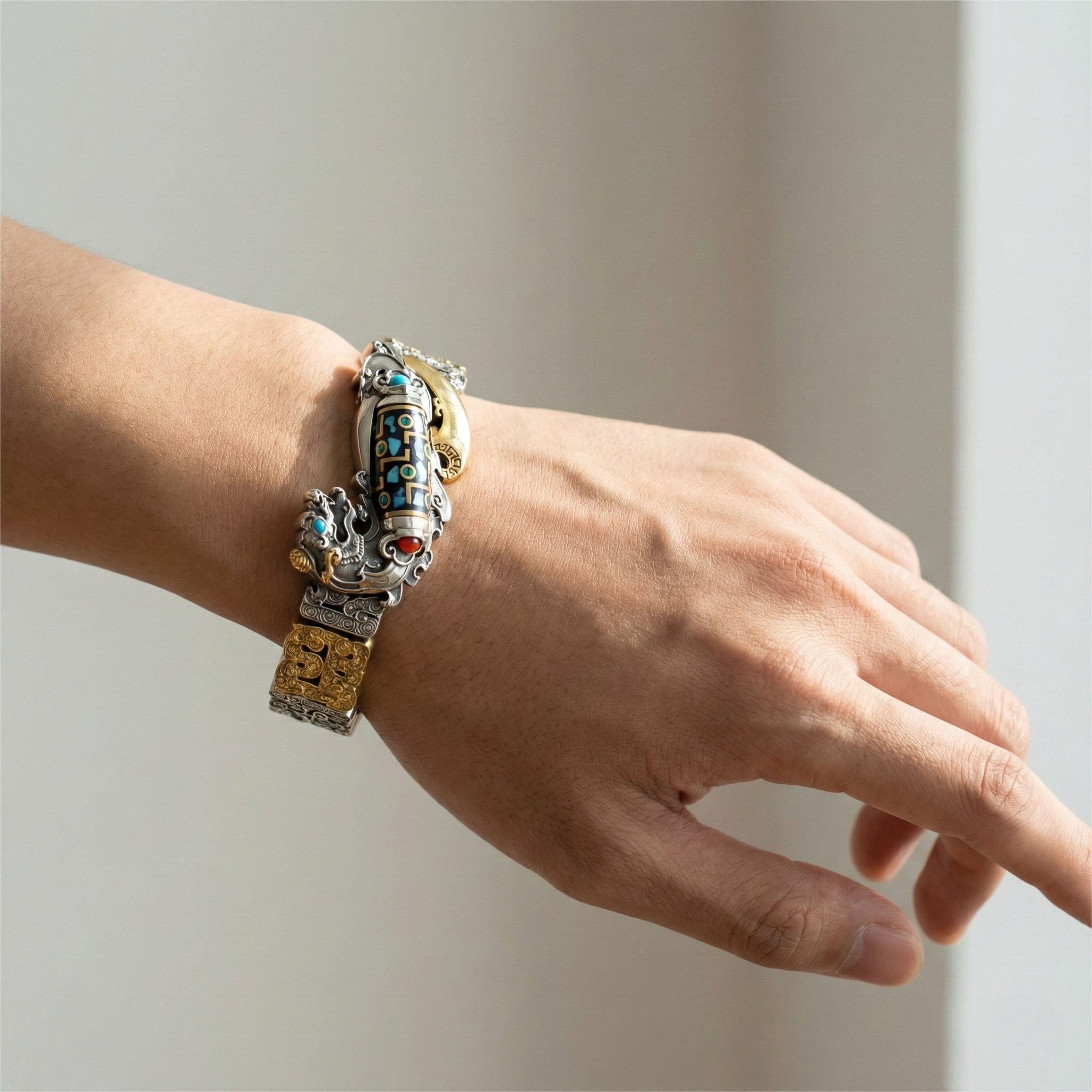 Shaolin-Infused Nine-Eye Dzi Bead Pixiu Silver Bracelet for Men | Retro Fortune-Turning Chinese Trend Design