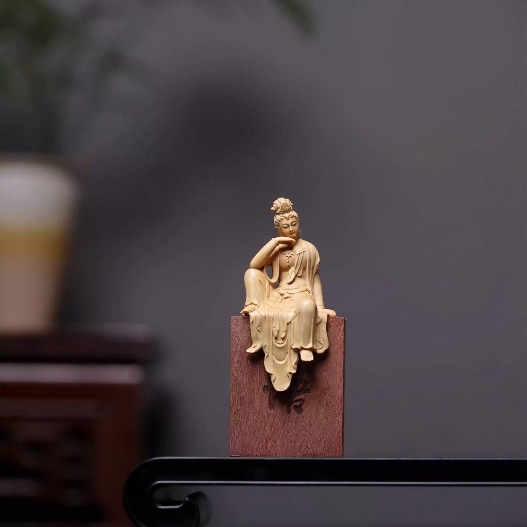 Shaolin Masterwork Series: Rare Boxwood Carving - "Guanyin of Ease" (Royal Ease Guanyin)