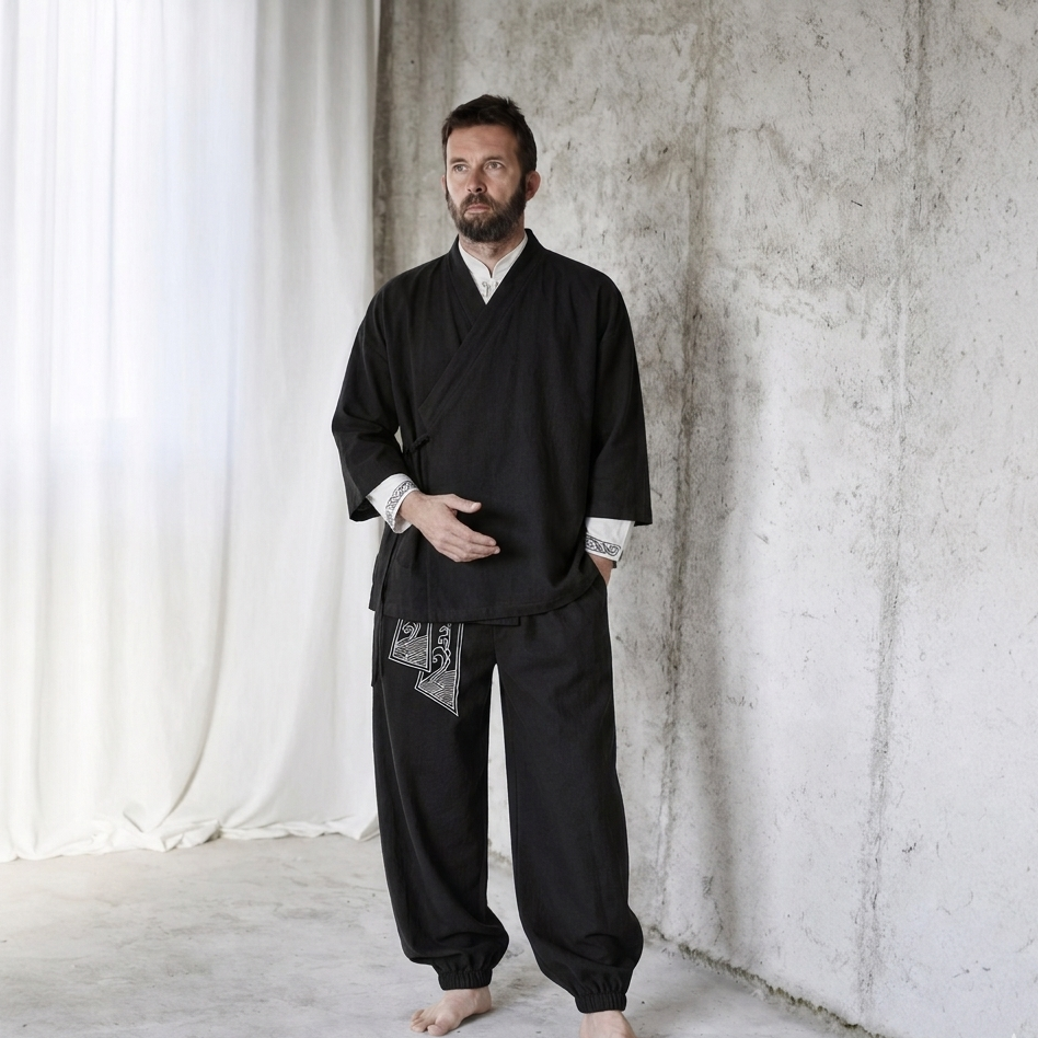 Shaolin Zen Master Linen shirt set- Breathable Cotton-Linen Cardigan Set
