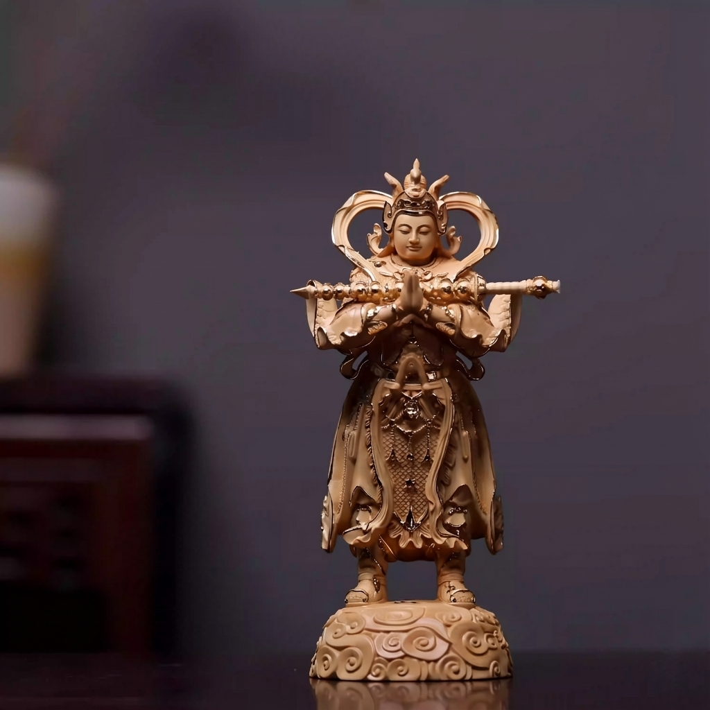 Shaolin Masterwork Series: Rare Boxwood Carving - "The Royal Guardian" (Gold painting)