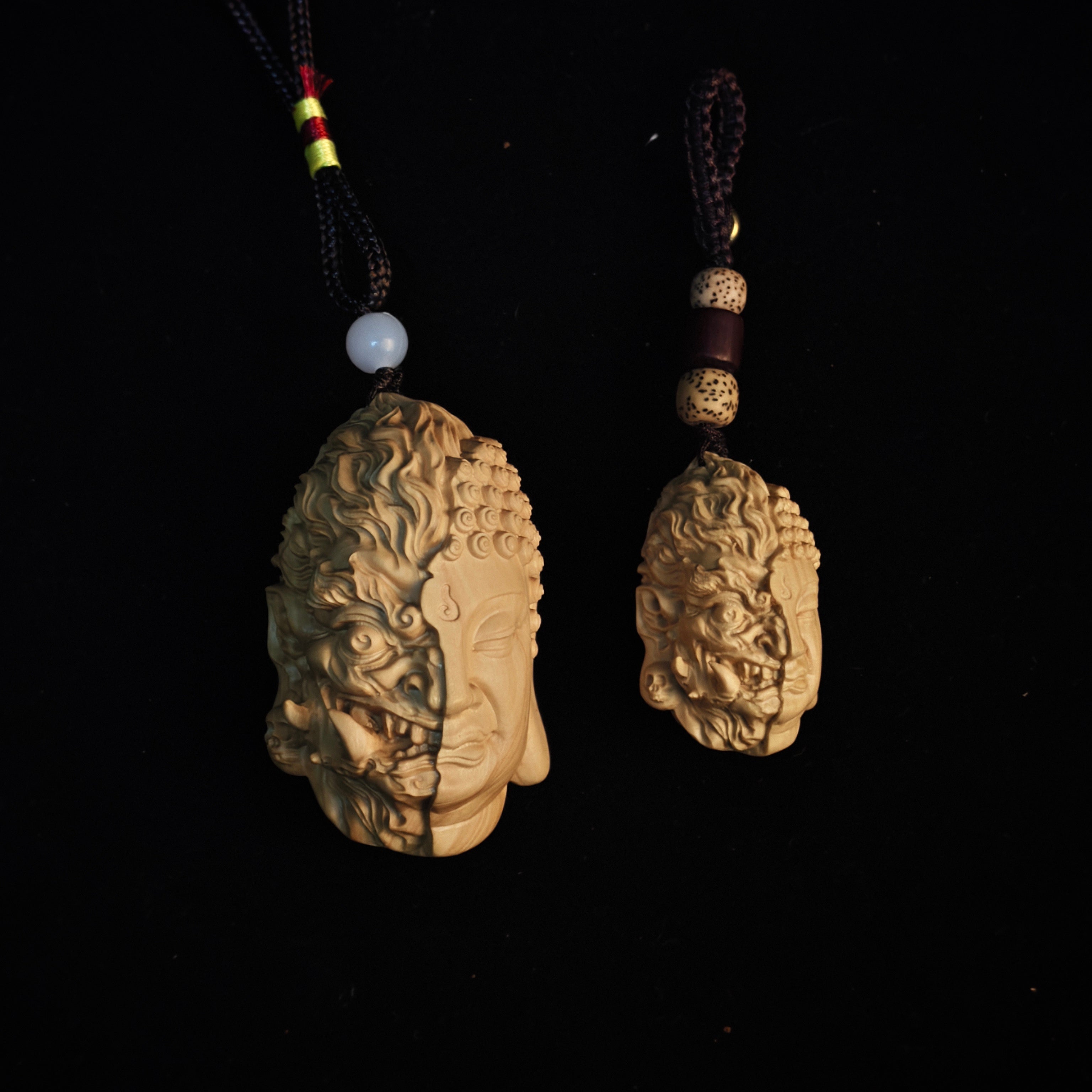 The Duality of Mind - "Half Buddha, Half Demon" Boxwood Carving Pendant | Zen Car Charm & Talisman