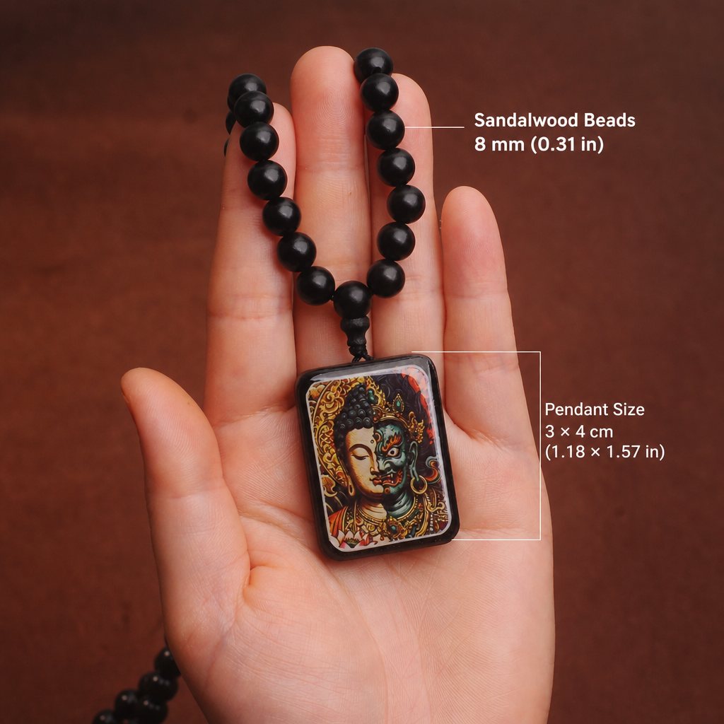 "Harmony in Chaos" Natural Black Ebony Wood Thangka Pendant Necklace – Eastern Duality Amulet Bead Chain for Inner Balance & Mindfulness (15.7" Length)
