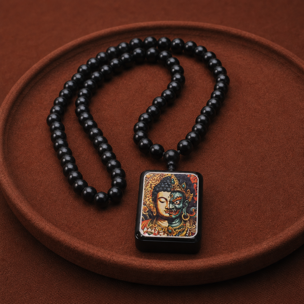 "Harmony in Chaos" Natural Black Ebony Wood Thangka Pendant Necklace – Eastern Duality Amulet Bead Chain for Inner Balance & Mindfulness (15.7" Length)