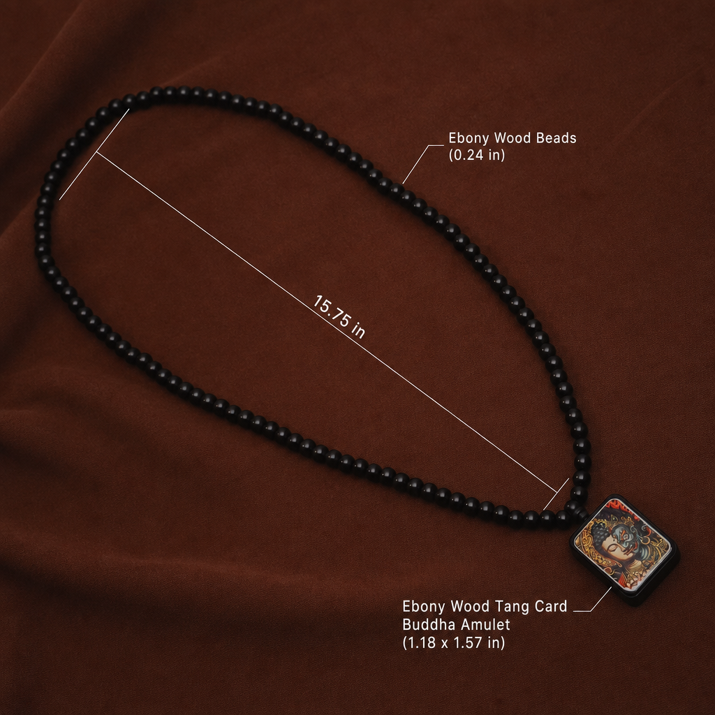 "Harmony in Chaos" Natural Black Ebony Wood Thangka Pendant Necklace – Eastern Duality Amulet Bead Chain for Inner Balance & Mindfulness (15.7" Length)