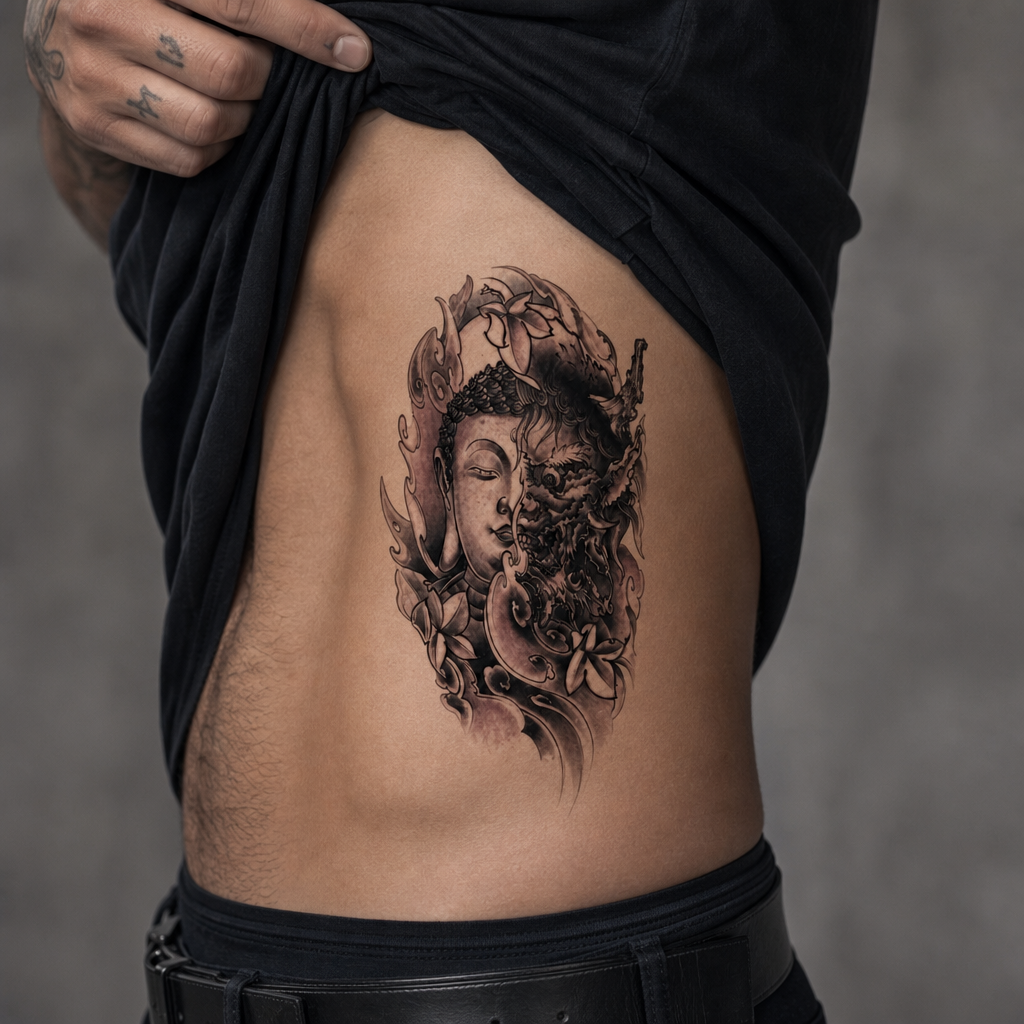 The "Harmony in Chaos" Half-Buddha Half-Devil Waterproof Temporary Tattoo – 5.5" x 7.9" Large Realistic Black & Grey Oriental Body Art Sleeve