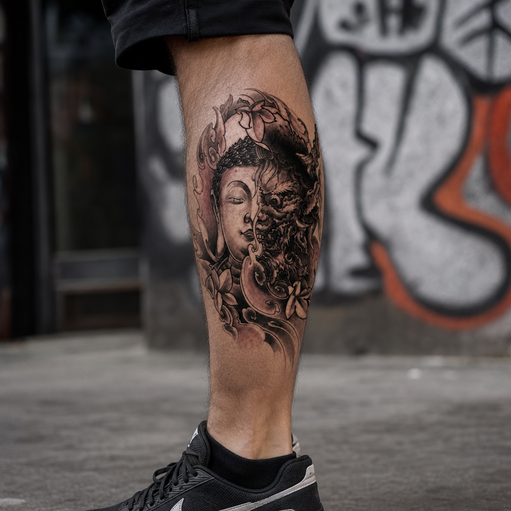 The "Harmony in Chaos" Half-Buddha Half-Devil Waterproof Temporary Tattoo – 5.5" x 7.9" Large Realistic Black & Grey Oriental Body Art Sleeve
