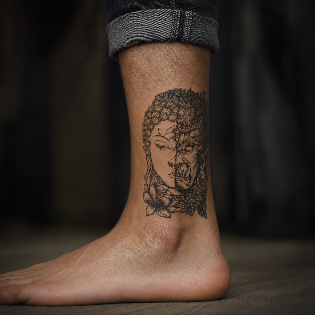 The "Harmony in Chaos" Dualism Temporary Tattoo – 3.9" x 6.1" Realistic Black & Grey Buddha & Demon Fine-Line Body Art Decal
