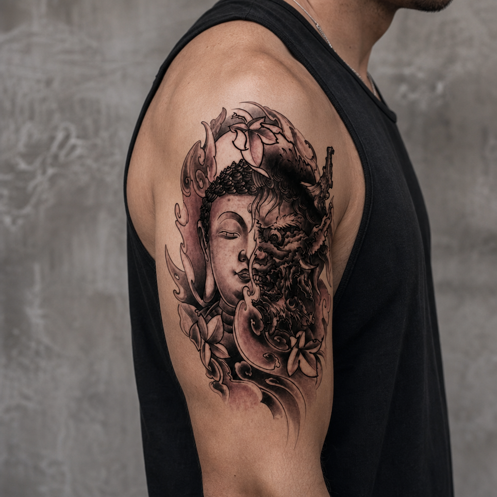 The "Harmony in Chaos" Half-Buddha Half-Devil Waterproof Temporary Tattoo – 5.5" x 7.9" Large Realistic Black & Grey Oriental Body Art Sleeve