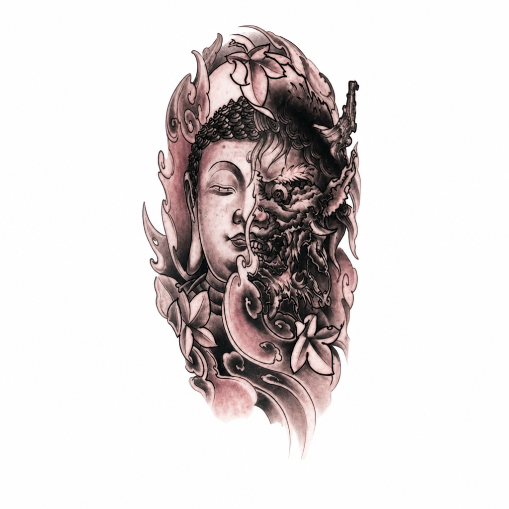 The "Harmony in Chaos" Half-Buddha Half-Devil Waterproof Temporary Tattoo – 5.5" x 7.9" Large Realistic Black & Grey Oriental Body Art Sleeve
