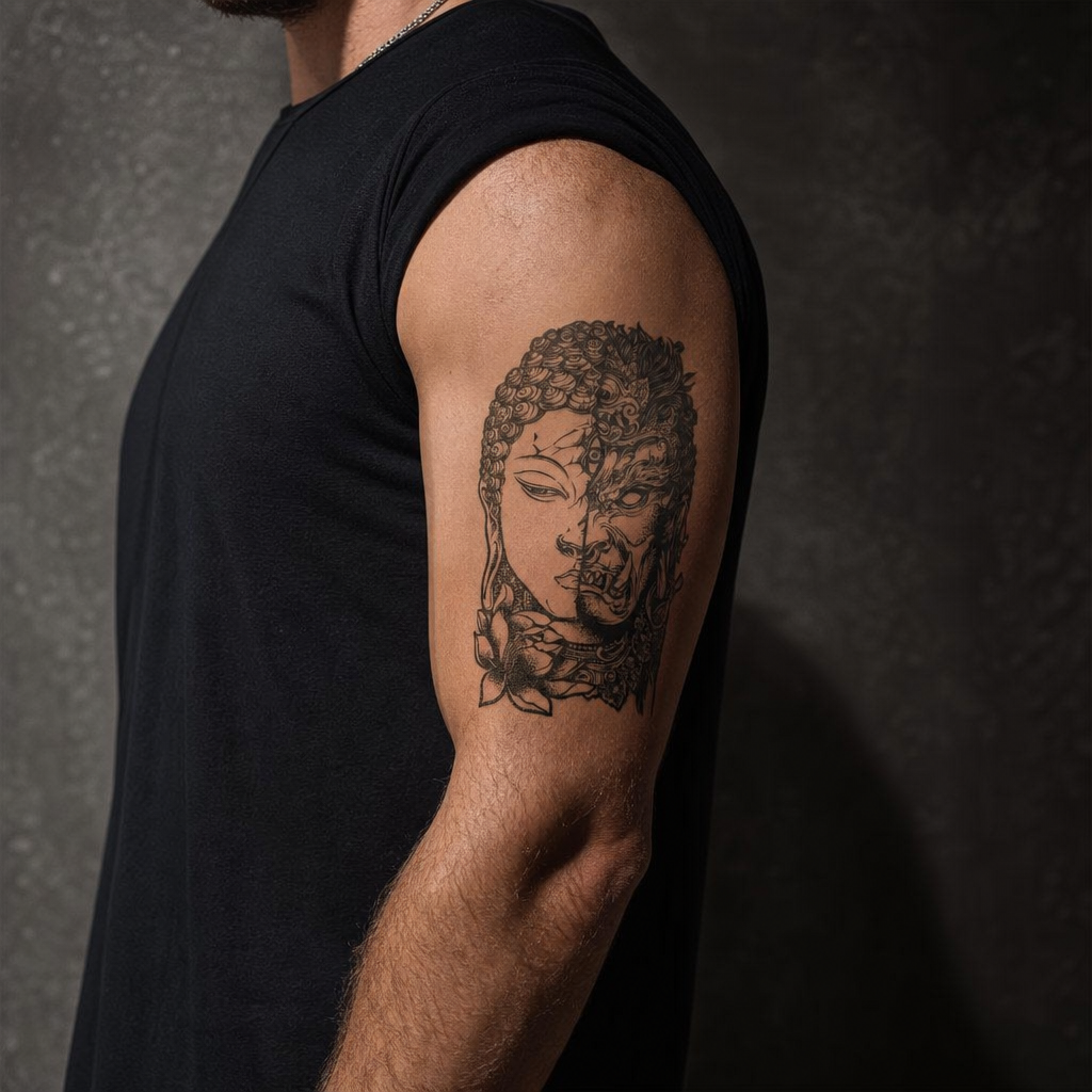 The "Harmony in Chaos" Dualism Temporary Tattoo – 3.9" x 6.1" Realistic Black & Grey Buddha & Demon Fine-Line Body Art Decal