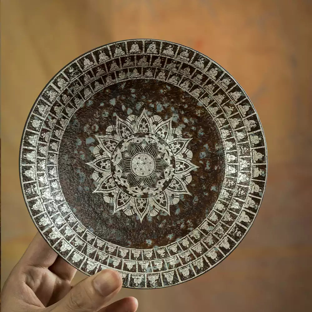 Buddha Motif Ceramic Incense Holder, Silver-Inlaid Lotus Ash Catcher Dish