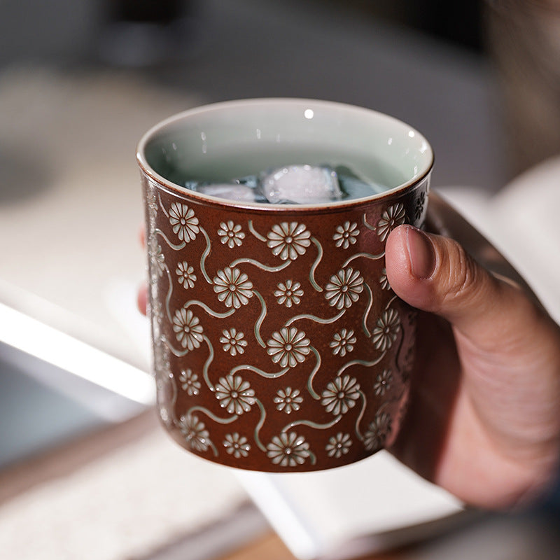 Longquan Celadon Floral Carved Mug – 8.8 oz Ash-Glazed Porcelain Tea & Coffee Cup by ShaolinMart