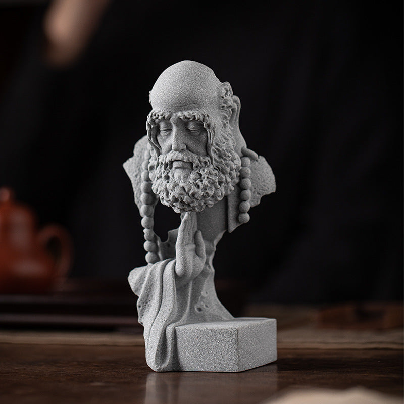 Solid Qing Sandstone Zen Sculpture | Hand-Carved Bodhidharma Art Piece