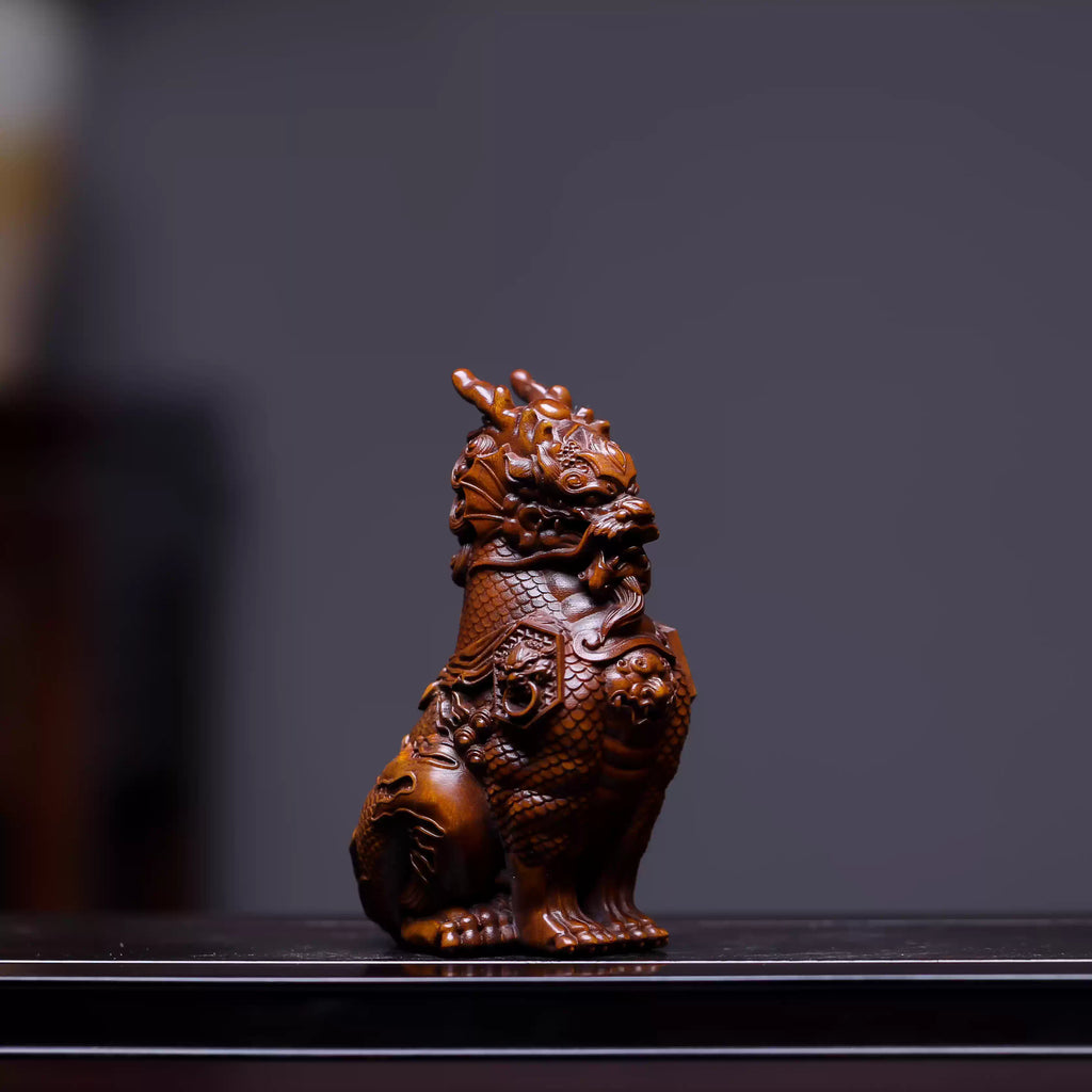 Shaolin Masterwork Series: Rare Boxwood Carving - "The Armored Dragon Guardian" (Antique-Style)