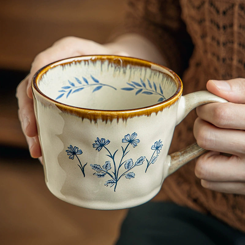 Vintage Freesia Ceramic Coffee Mug – Artisanal Kiln Transformed Reactive Glaze Floral Teacup for Office and Home