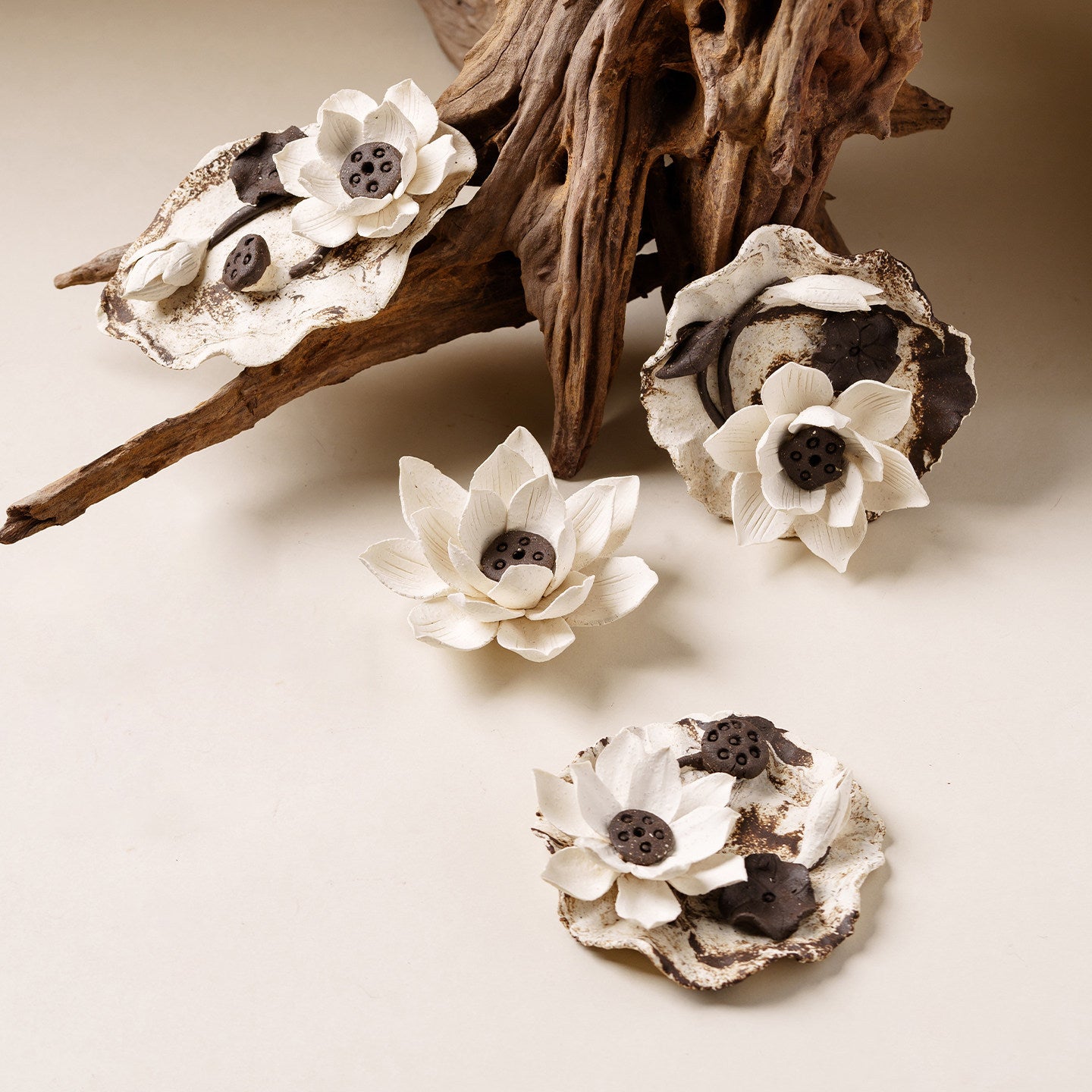 Ceramic Peony Incense Holder — Handmade Floral Sculpture for Desk & Home Decor