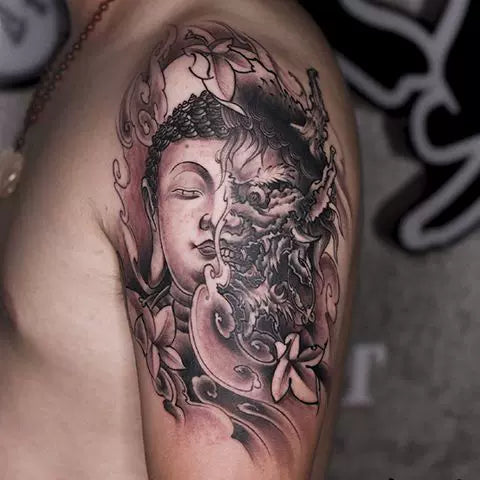 The "Harmony in Chaos" Half-Buddha Half-Devil Waterproof Temporary Tattoo – 5.5" x 7.9" Large Realistic Black & Grey Oriental Body Art Sleeve