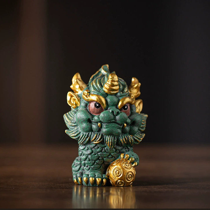 Imperial Green Qilin Mythological Guardian Statue Pair – Playful Chibi Style Q-Version Desktop Talisman