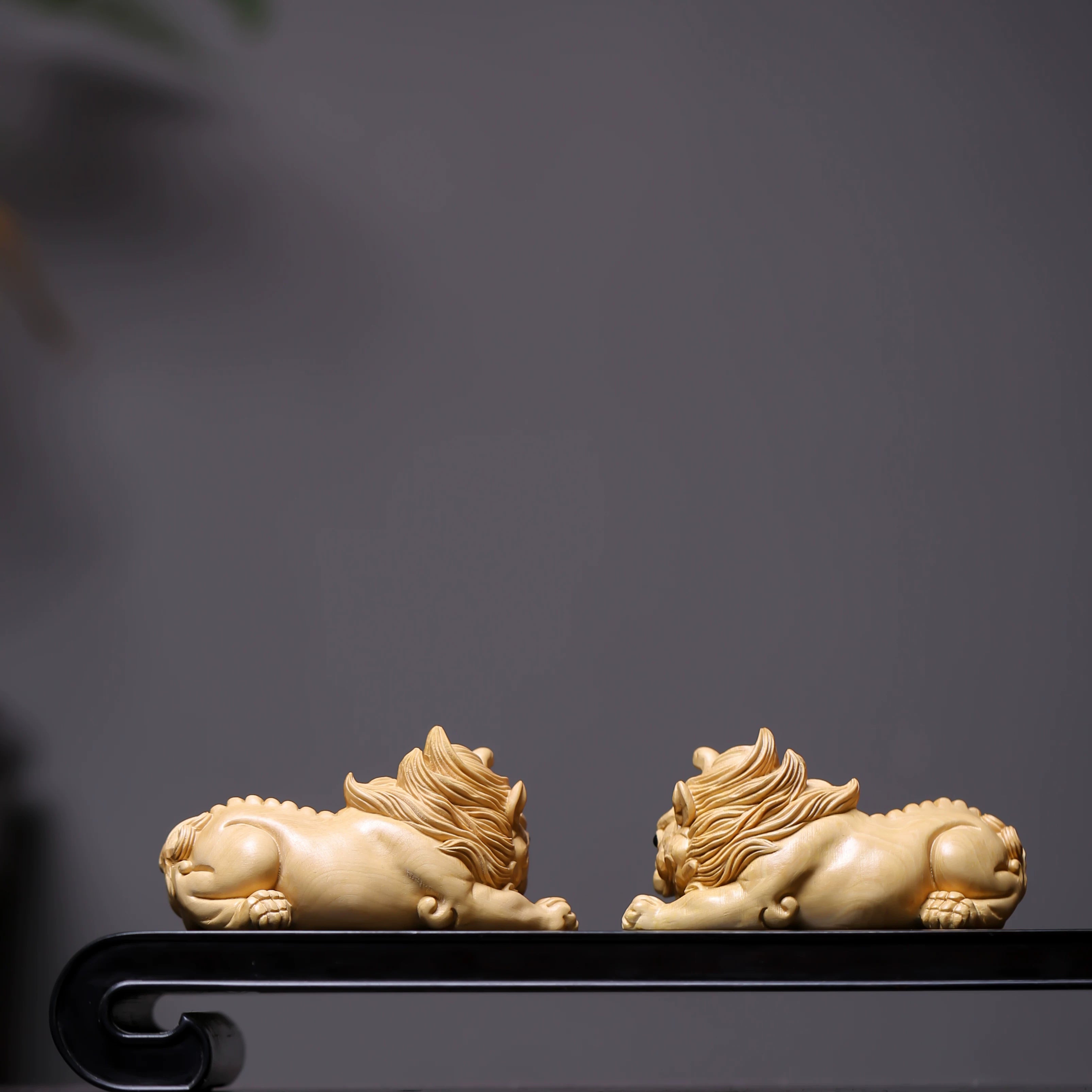 Hand-Carved Boxwood Tianlu Pixiu Pair — Eastern-Inspired Guardian Beast Figurines