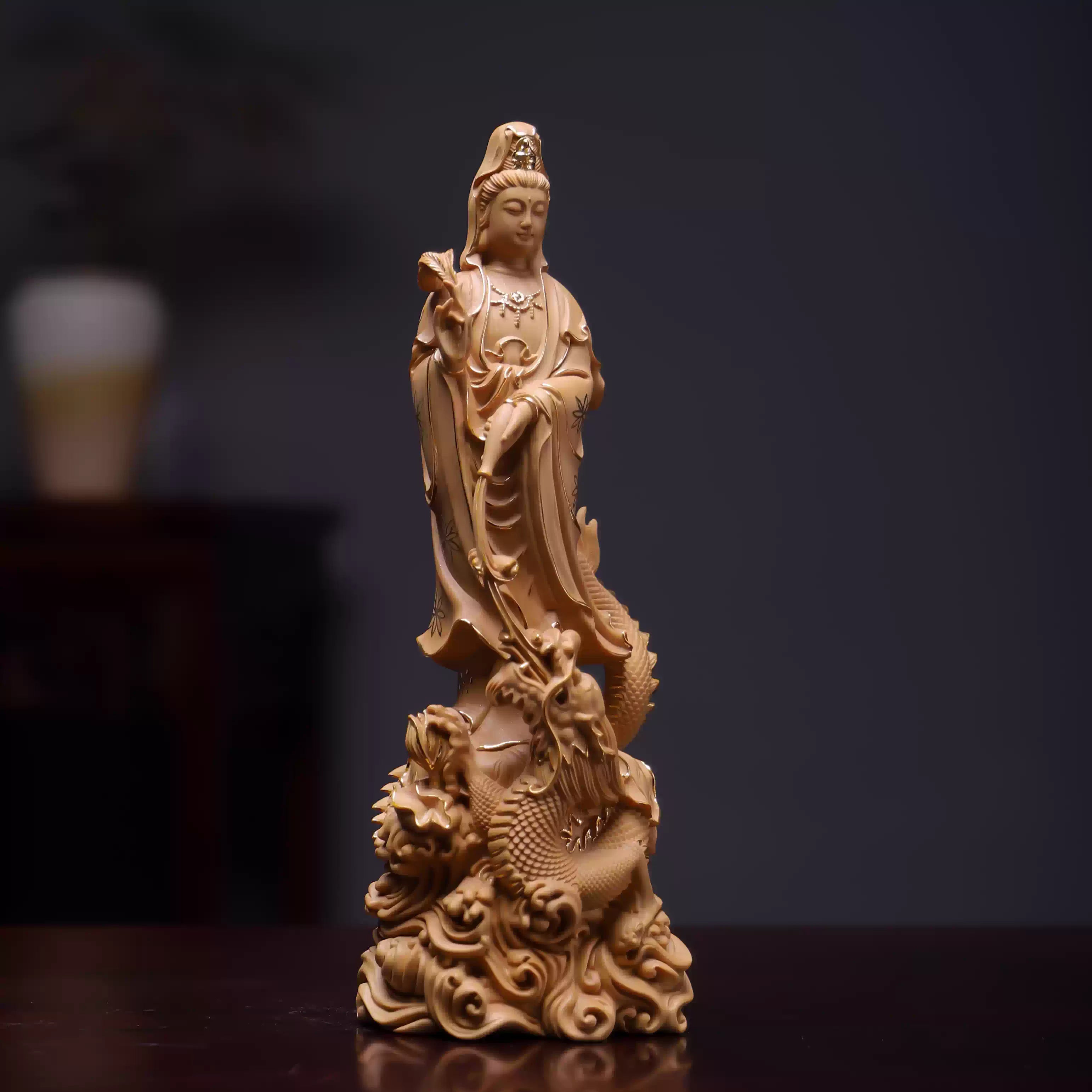 Shaolin Masterwork Series: Rare Boxwood Carving - "The Loong Goddess" (Guan Yin) (Gold painting)