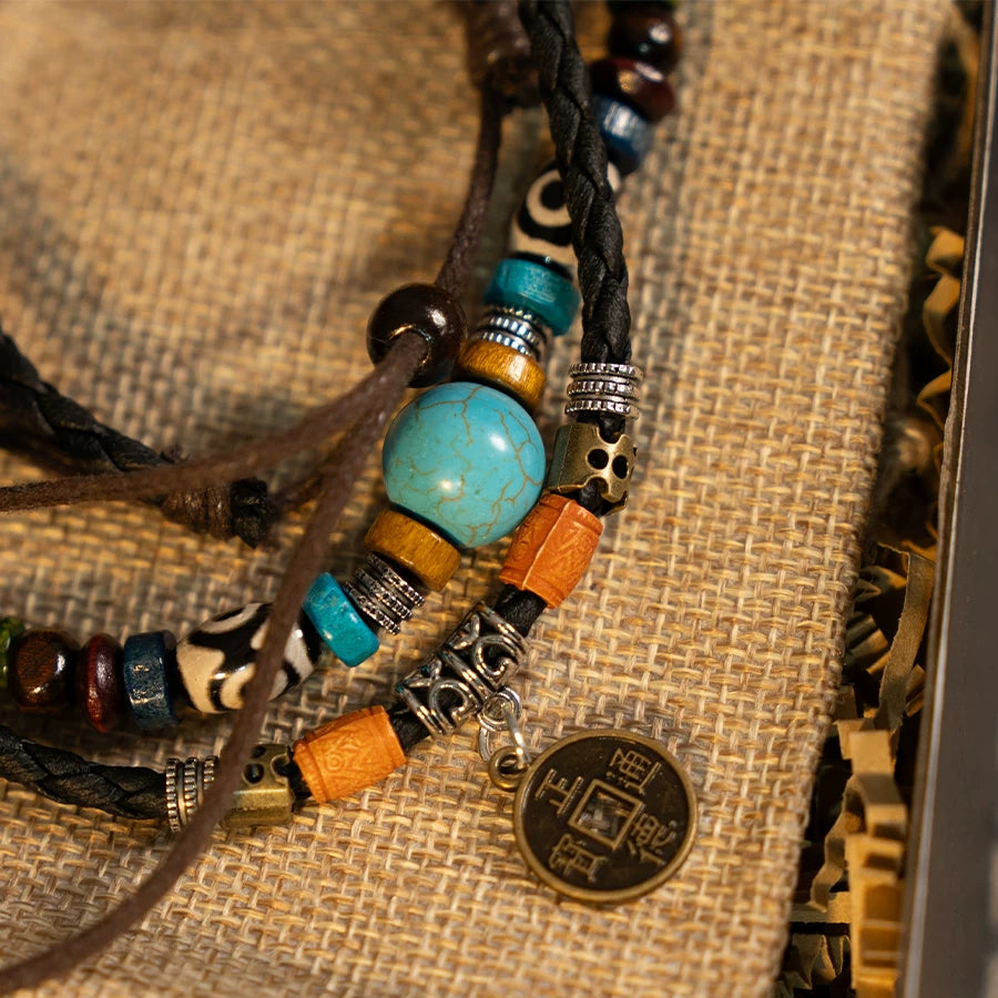 Turquoise and wooden prayer beads with antique coin charm on braided cord, Buddhist meditation accessory