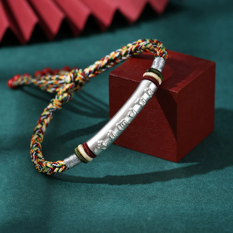 Handwoven S999 Silver Six-Syllable Mantra Bracelet – Adjustable Red Cord Bracelet