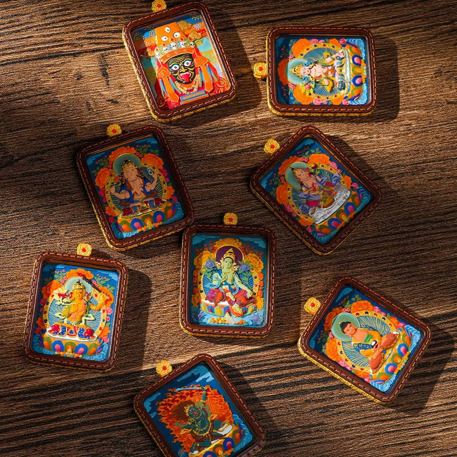 "The Mystic Scroll" Handcrafted Leather Tibetan Thangka Pendant – Miniature Hand-Painted Tsa-Tsa Deity Reliquary Protection Necklace