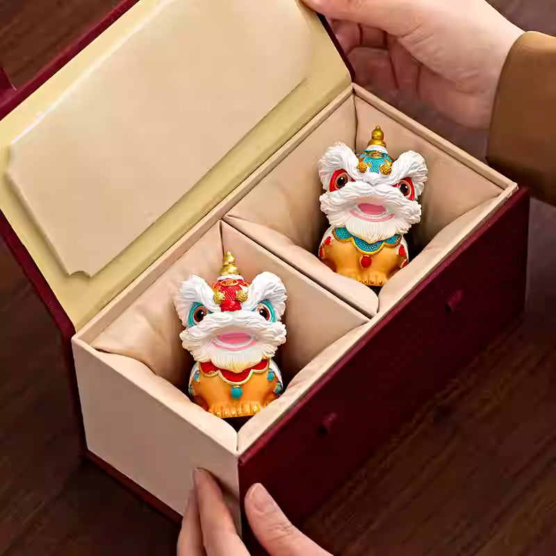 Handcrafted 3D Porcelain Lion Dance Figurines - Lucky Feng Shui Decor (Gift Boxed)