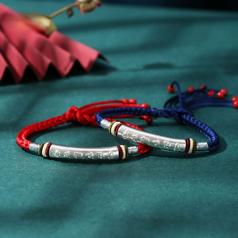 Handwoven S999 Silver Six-Syllable Mantra Bracelet – Adjustable Red Cord Bracelet