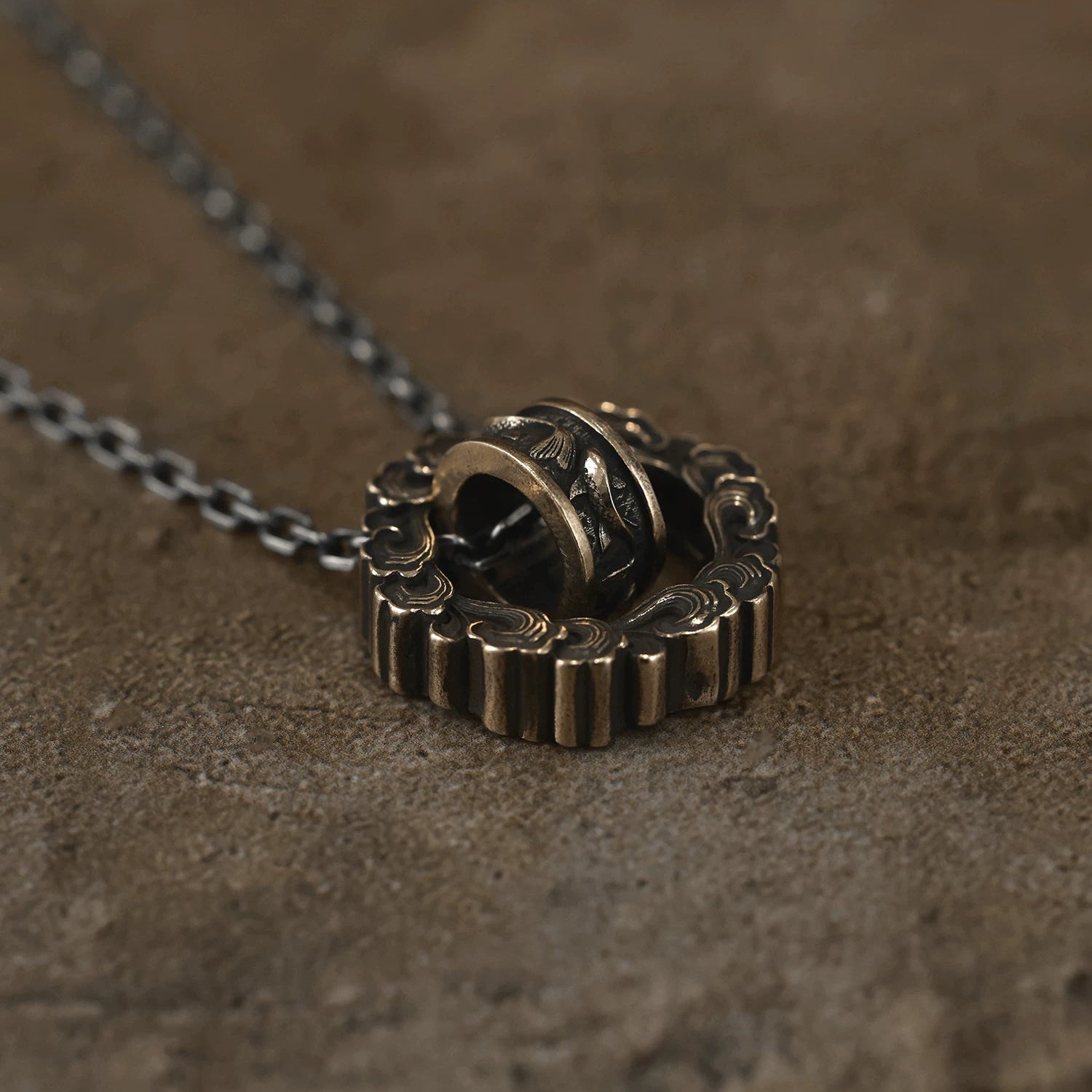 Handcrafted Sea Wave & Koi Circle Brass Necklace — Symbol of Prosperity and Good Luck