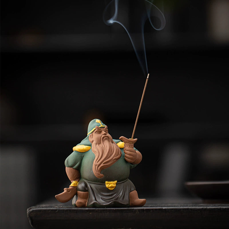 "The Jade Guardian" Guan Yu Ceramic Stick Incense Holder – Handcrafted Chibi Martial God of Wealth & Protection Desk Statue