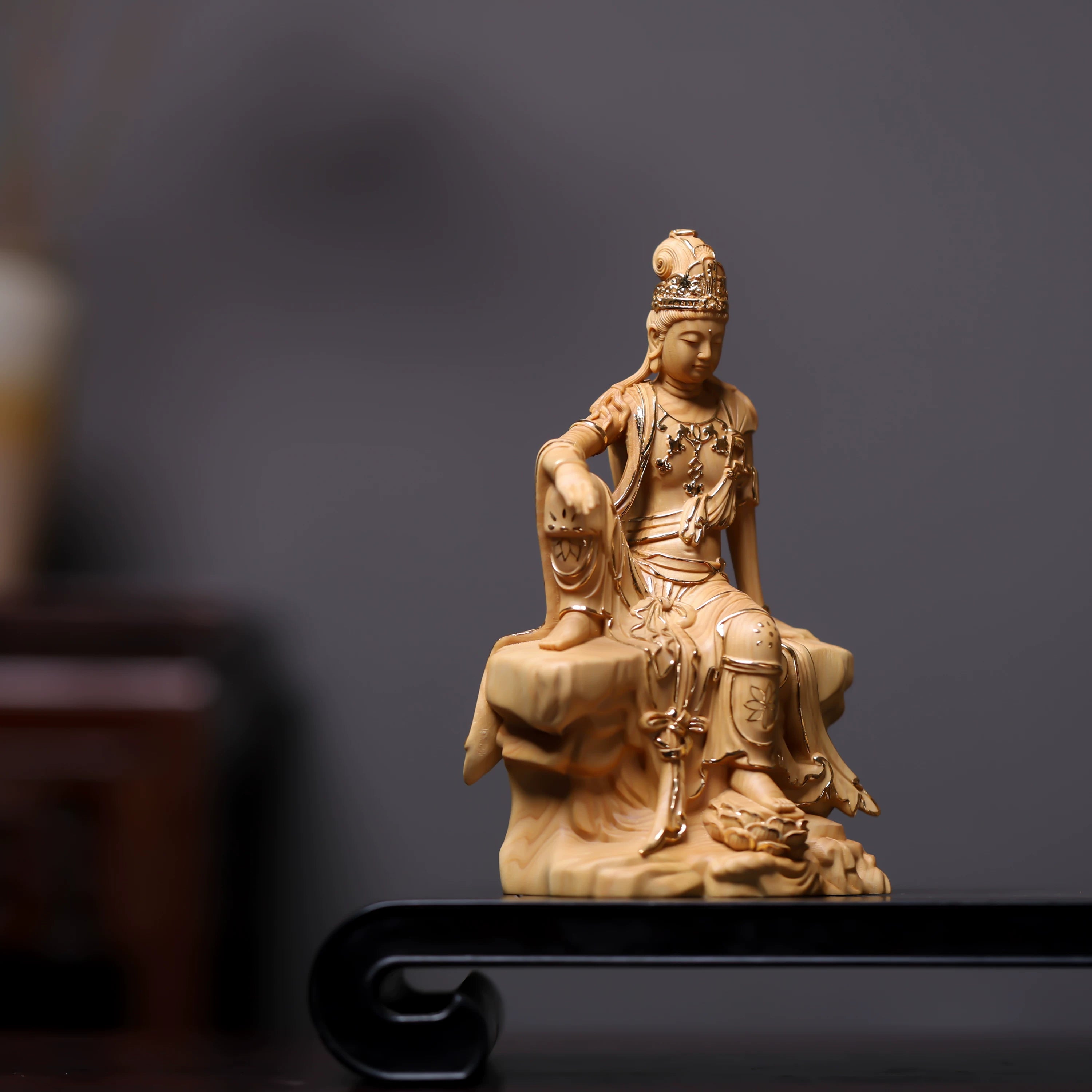 Shaolin Masterwork Series: Hand-Carved Wooden Statue - "The Serene Grace" (Gold-Gilded Guanyin)