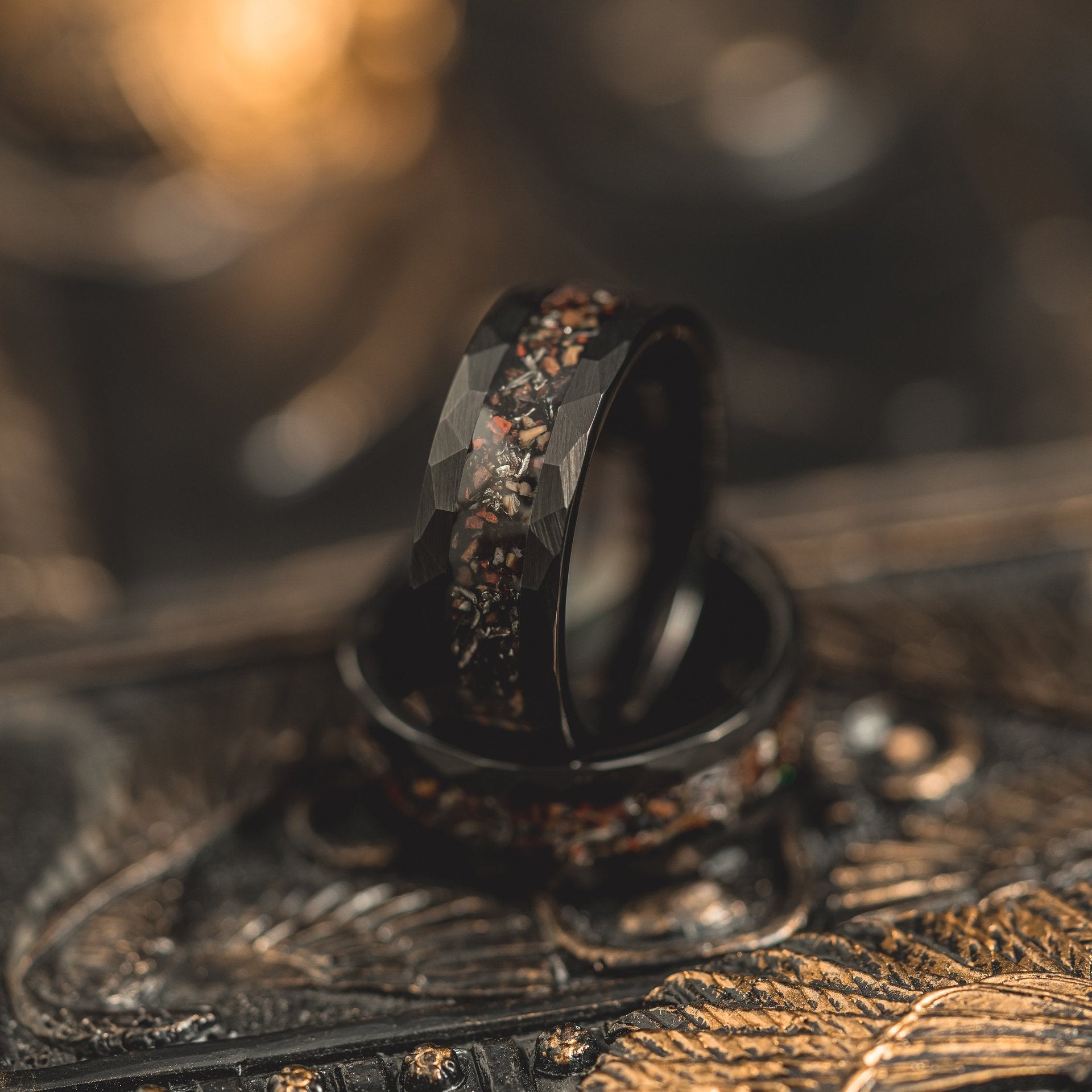 Black Tungsten Ring with Multi-Tone Crushed Stone Inlay | 8mm Hammered Edge Band