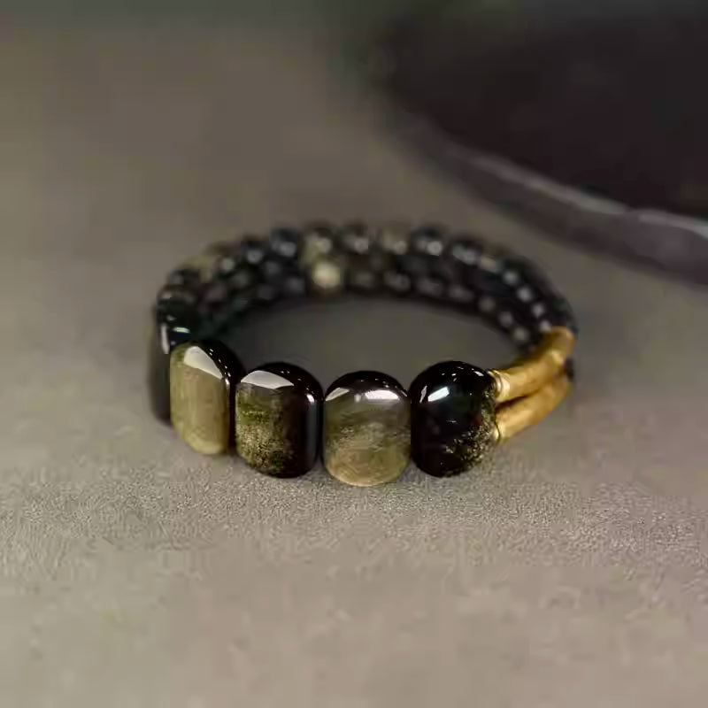 Temple Shield Black Obsidian Hand string - Vintage Cat-Eye Double Beaded Bracelet