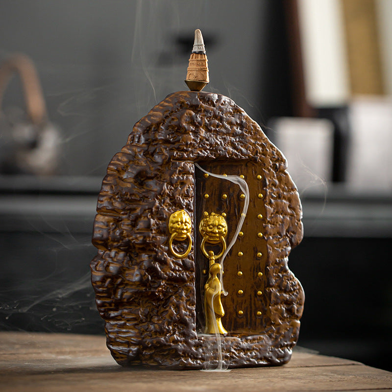 "Serene Gateway": Ceramic Backflow Incense Burner — Zen Monk Knocking at the Gate