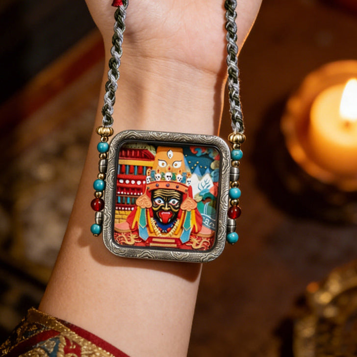 Hand-Painted Thangka Tsa Tsa Pendant – Aged White Copper Tibetan-Inspired Amulet Necklace Charm