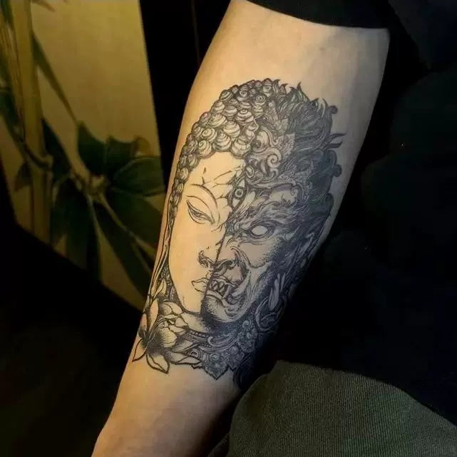 The "Harmony in Chaos" Dualism Temporary Tattoo – 3.9" x 6.1" Realistic Black & Grey Buddha & Demon Fine-Line Body Art Decal