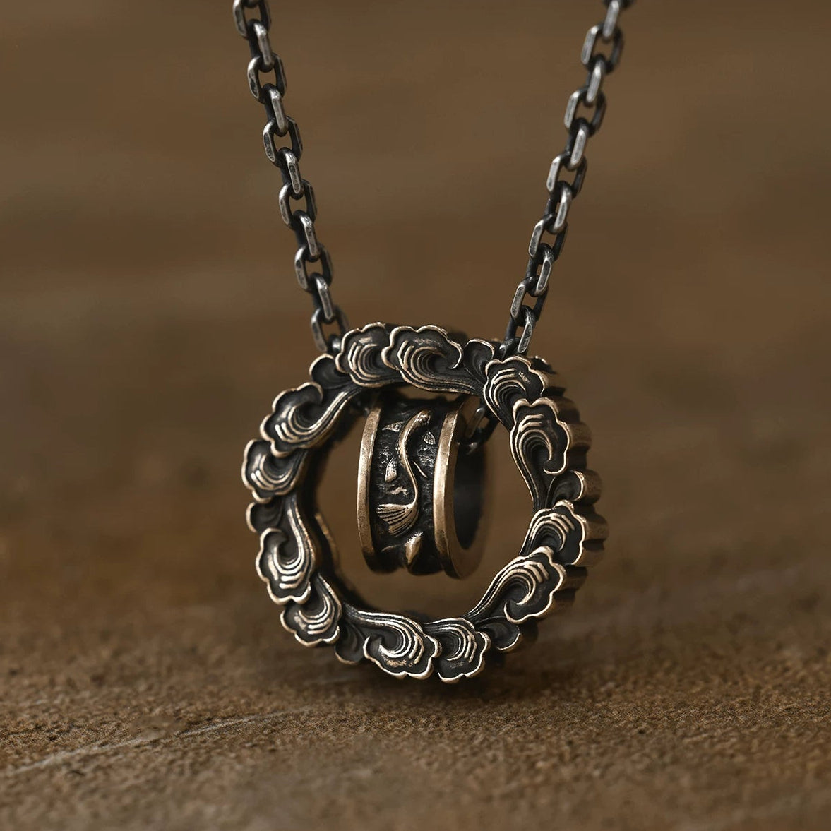 Handcrafted Sea Wave & Koi Circle Brass Necklace — Symbol of Prosperity and Good Luck