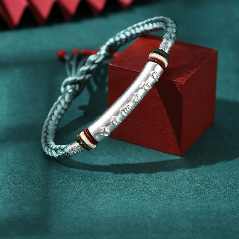 Handwoven S999 Silver Six-Syllable Mantra Bracelet – Adjustable Red Cord Bracelet