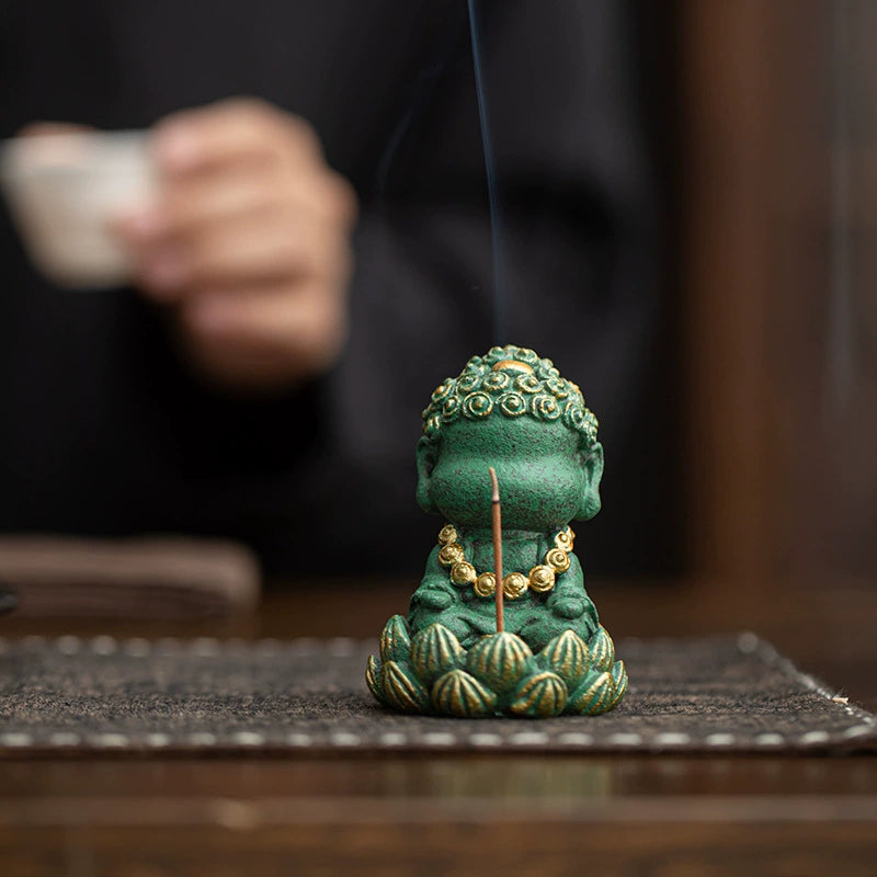Four No Little Buddha Incense Holder – Natural Green Sandstone Desktop Decor by ShaolinMart