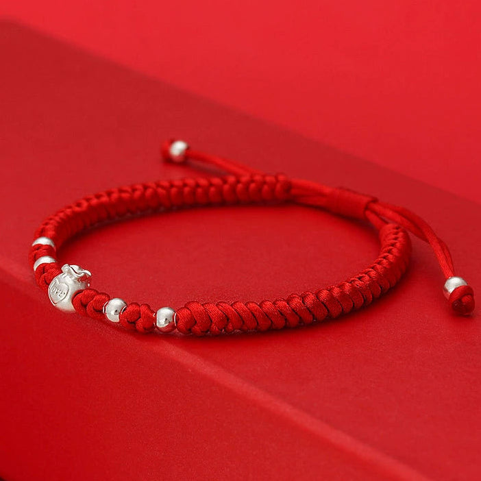 Crimson Protection Cord – Hand-Woven Bracelet with 999 Pure Silver Fortune Charm