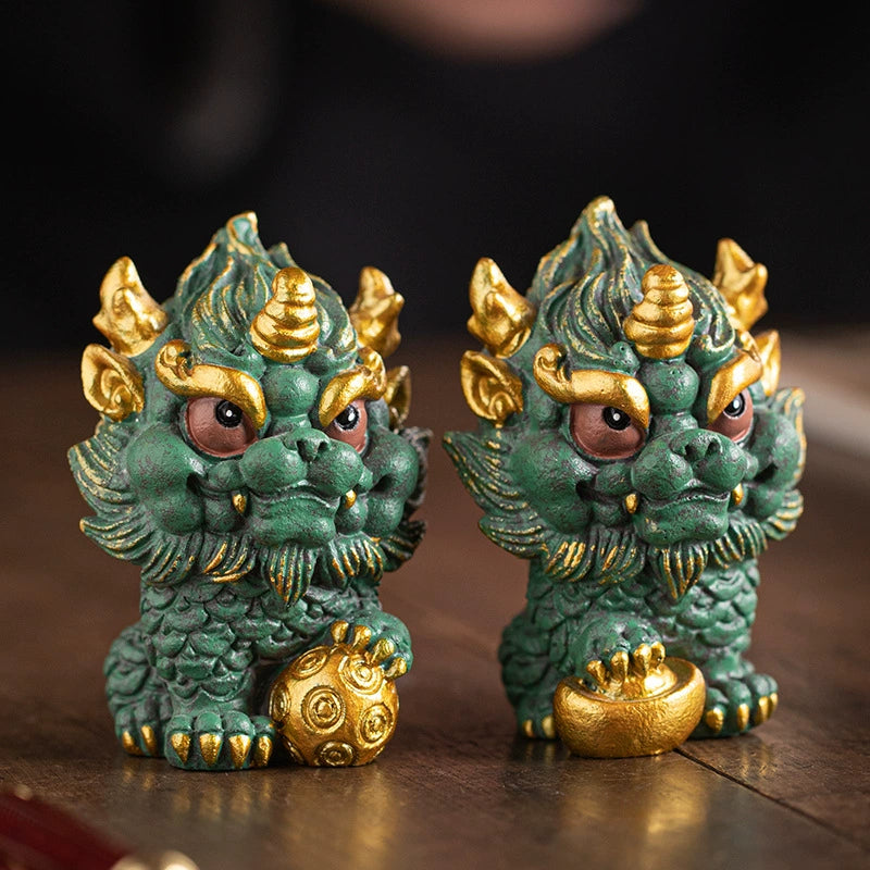 Imperial Green Qilin Mythological Guardian Statue Pair – Playful Chibi Style Q-Version Desktop Talisman