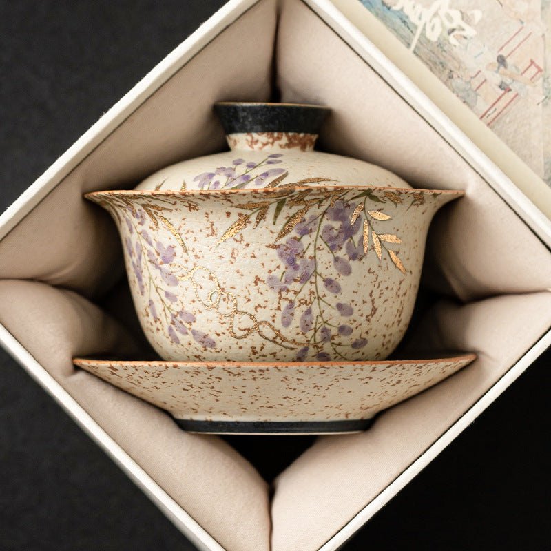 少林「藤の花」職人作蓋碗：手描き金彩磁器