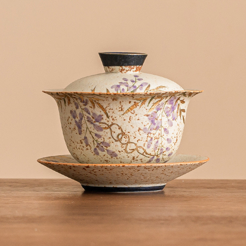 少林「藤の花」職人作蓋碗：手描き金彩磁器