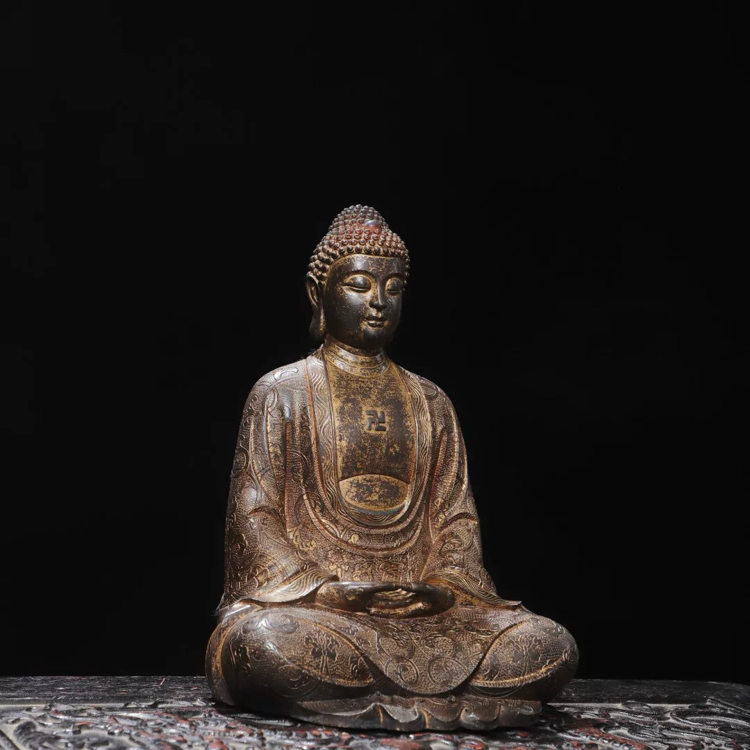 Aged Copper Mud-Gold Sakyamuni Buddha Statue – 9.1" Eastern Heritage Meditation Decor