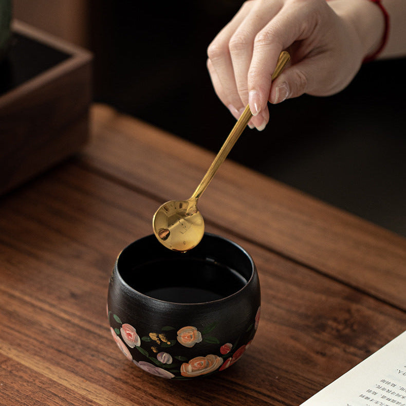 Shaolin "Rose Dream" Hand-Painted Ceramic Coffee Cup – Vintage Oil Painting Style Round-Belly Mug, 8.5 oz