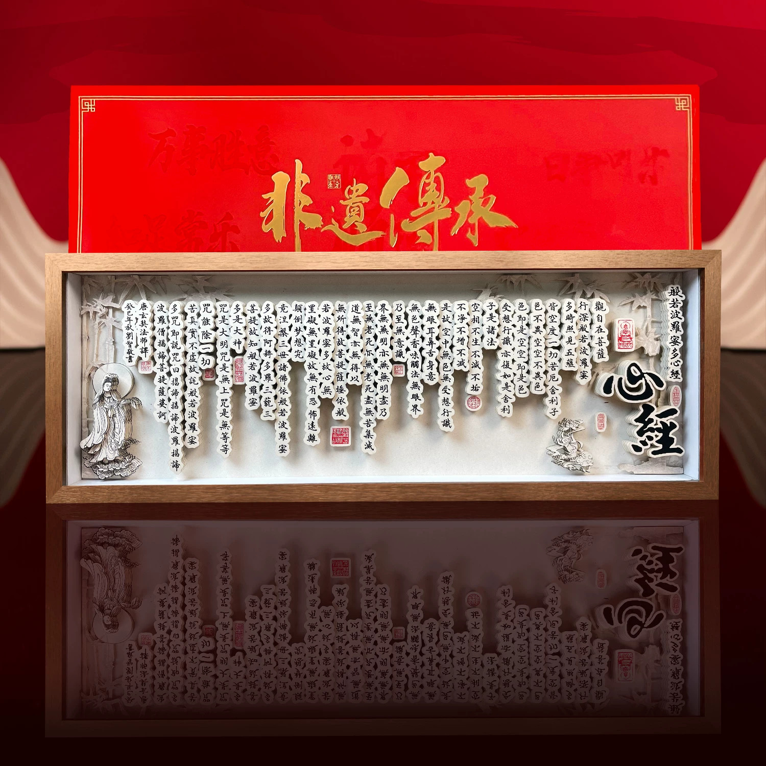 3D "Heart Sutra of Inner Peace" Panoramic Shadow Box – Handcrafted Calligraphy Paper Carving Art, Walnut-Framed (ICH Series)