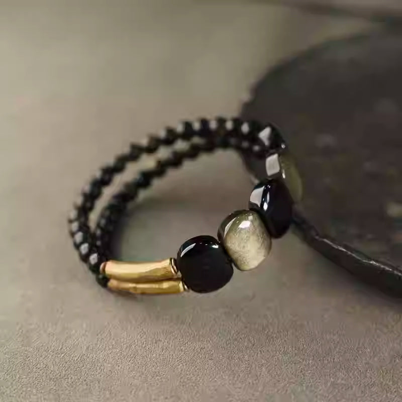 Temple Shield Black Obsidian Hand string - Vintage Cat-Eye Double Beaded Bracelet