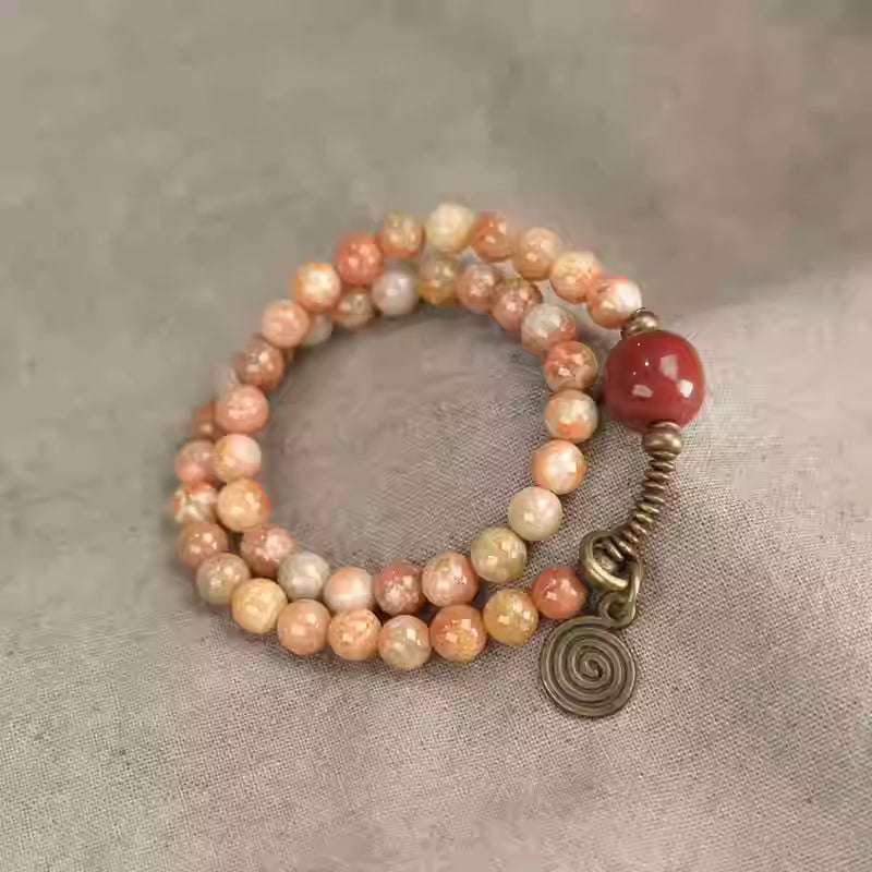 Dynasty Artisan Coral Stone Handstring - Retro Double-Layer Beaded Bangle